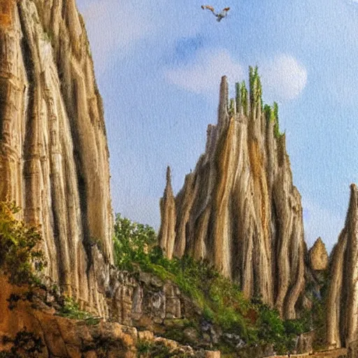 Prompt: a landscape painting of neo - gothic skyscrapers in a large cavern, melissani cave