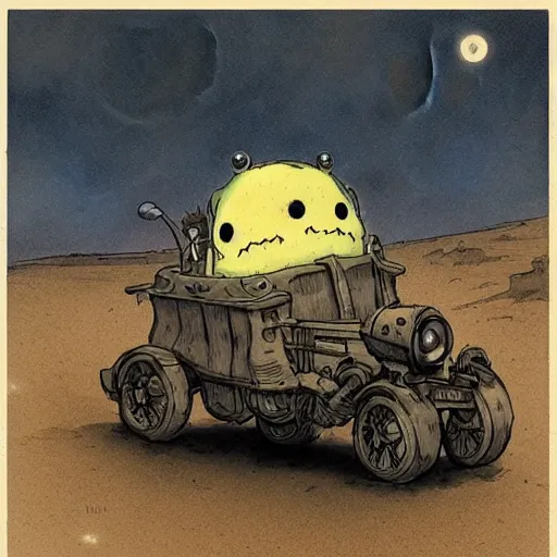 Prompt: ( ( ( ( ( grey lovecraftian mechanized pikachu demon from howl's moving castle ( 2 0 0 4 ), with a big head, on a desert road, wide shot, in front of a big moon. muted colors. ) ) ) ) ) by jean - baptiste monge!!!