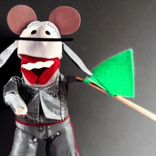 Prompt: a mouse wearing a shining suit of armor wielding a sewing needle, puppet, stop motion, in the style of the muppets