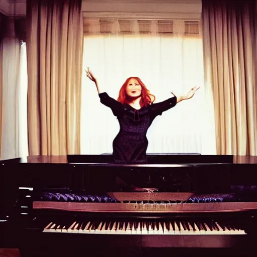 Image similar to tori amos stands atop a grand piano showing off her amazing yo yo tricks, beautiful photo