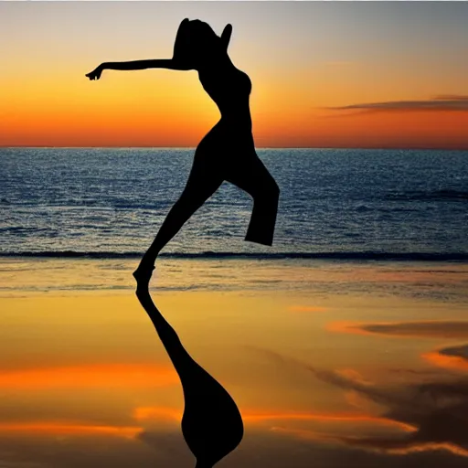 Image similar to silhouette of a dancer on the beach, sunset, photorealistic hd