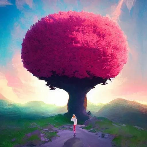 Image similar to giant cherry tree as a head, girl walking in a canyon, surreal photography, sunrise, dramatic light, impressionist painting, colorful clouds, digital painting, artstation, simon stalenhag