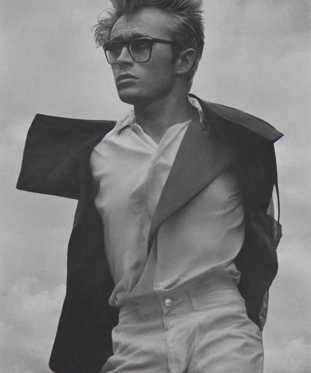 Image similar to a color photograph of james dean, by thomas ruff, platinum blond, intense, bold, exaggerated, overblown, ultra sharp, extra details, ultra high quality, trending on pinteresst