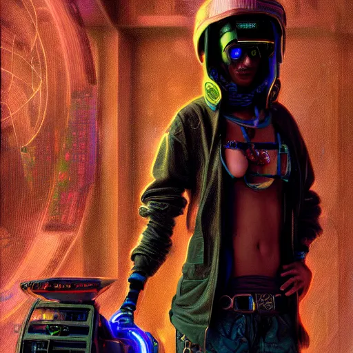 Prompt: a mursi cyberpunk hacker, steampunk stargate by greg rutkowski and android jones in a surreal portrait style, oil on canvas, ancient cyberpunk 8k resolution