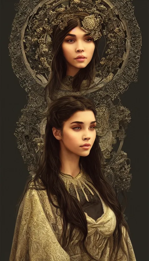 Image similar to madison beer, traditional russian clothing, fame of thrones, fibonacci, sweat drops, intricate fashion clothing, insane, intricate, highly detailed, surrealistic, digital painting, artstation, concept art, smooth, sharp focus, illustration, unreal engine 5, 8 k, art by artgerm and greg rutkowski and alphonse mucha