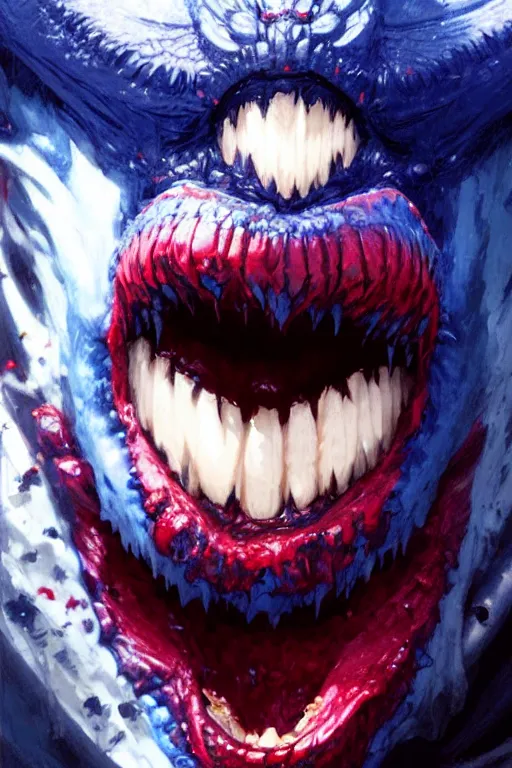 Prompt: beautiful vampire with red hair eating blue shin - godzilla, extreme close up detailed face portrait dnd, painting by gaston bussiere, craig mullins, greg rutkowski, yoji shinkawa