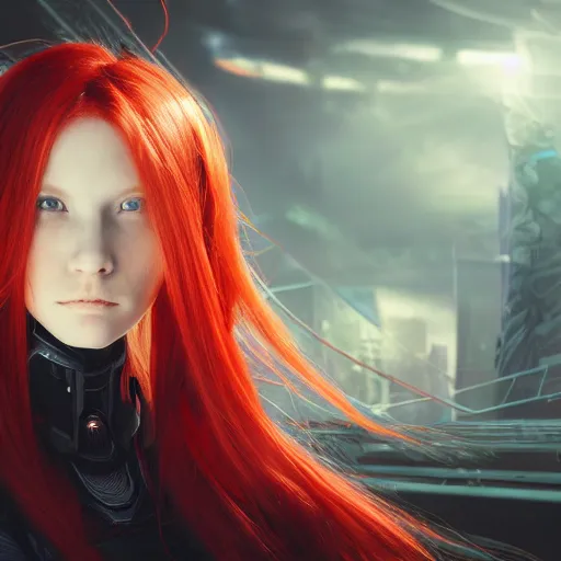 Prompt: red haired girl, warframe armor, beautiful, dreamy, pretty face, blue eyes, portrait, bright light, scifi, utopian architecture in the background, laboratory, 4 k, high definition, ultra realistic, aura of light, cinematic, extreme details, focused, masterpiece, art by akihito tsukushi, akasuki brightmind