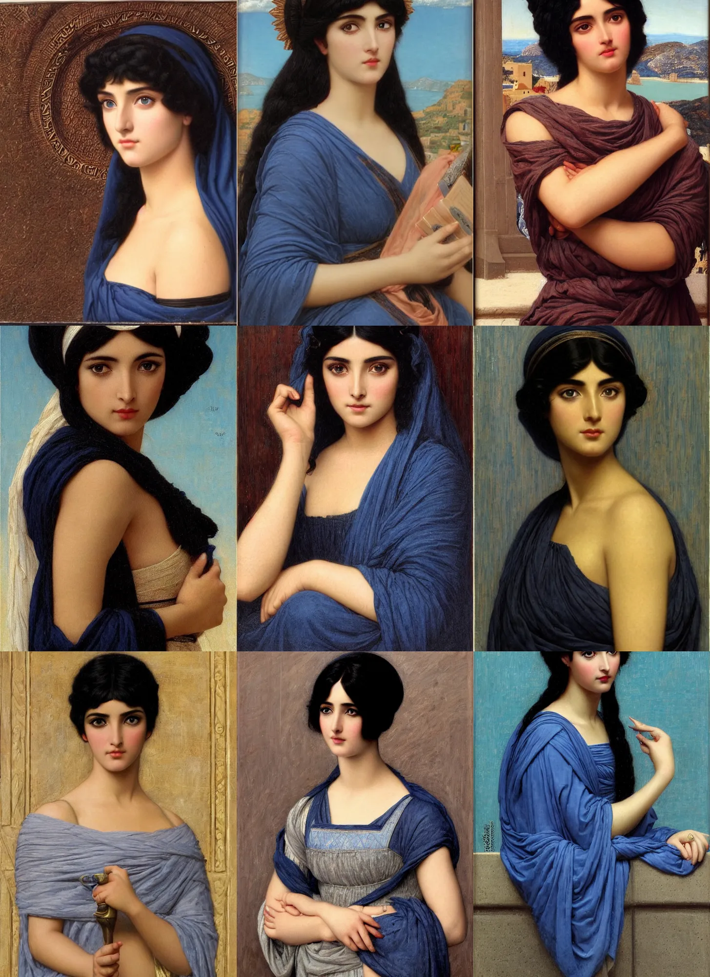 Prompt: a greek ameera al taweel blue eyes straight black hair beautiful by john william godward