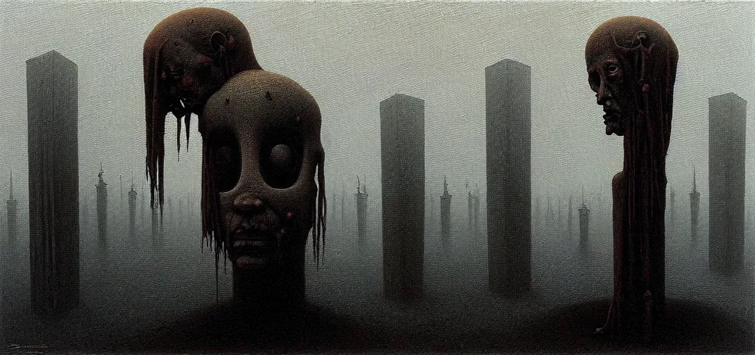 Image similar to deep shadows horror dystopian surreal painting of a single eerie head statue surrounded by buildings by zdzisław beksinski, poverty, broken, relic