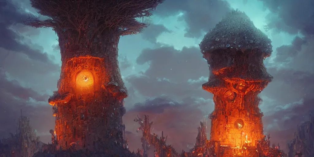 Prompt: a giant old african tower surrounded by glowing mushrooms, fantasy, epic scene, illustration, artstation, art by Sebastian Luca