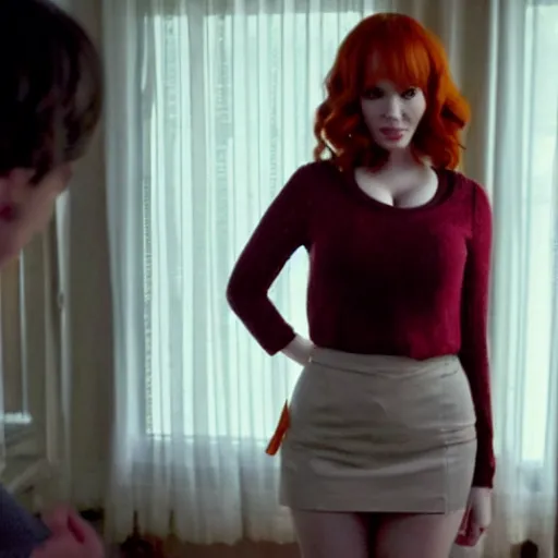 Image similar to a very surprised looking beautiful Christina Hendricks in a miniskirt in the living room, film still from the movie directed by Denis Villeneuve , wide lens