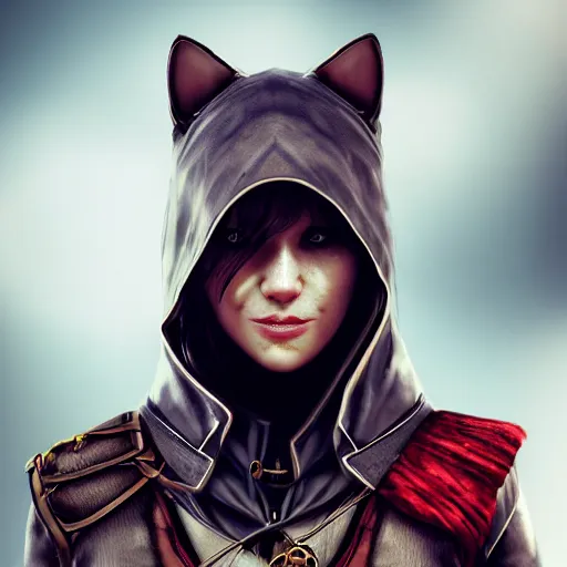 Prompt: cat the assassin, assassin's creed, headshot, steampunk, unreal engine, c 4 d, maya, smooth, natural background, cinematic lighting, 8 k, ink painting, artstation, concept art, aesthetic