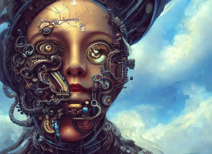 Prompt: A digital painting of a face surrounded by clouds, a surrealist painting by Android Jones, CGsociety, pop surrealism, steampunk, dystopian art, surrealist