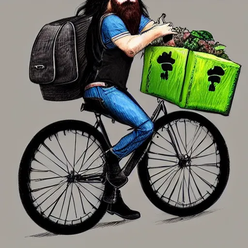 Image similar to a bearded and long haired bicycle food delivery worker with a green bag on his back in ireland, he has boots, by Artgerm, fantasy epic digital art, trending on Artstation