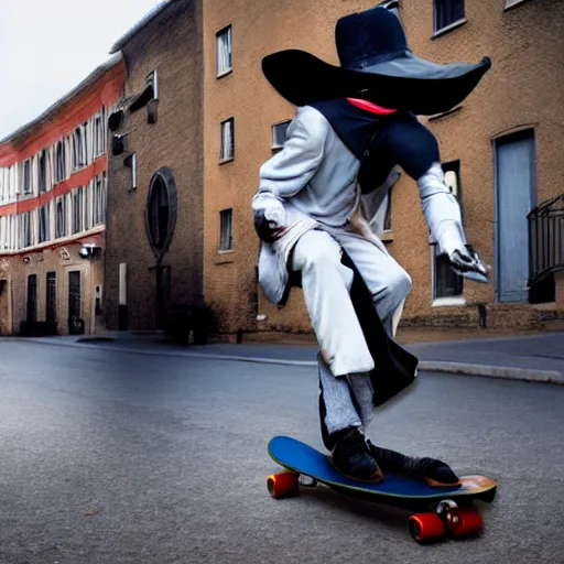 Image similar to a hyper realistic 4 k photoshoot of a plague doctor riding a skateboard