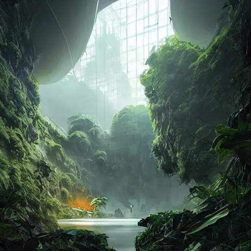 Prompt: epic alien jungle by greg rutkowski inside a giant laboratory by zaha hadid