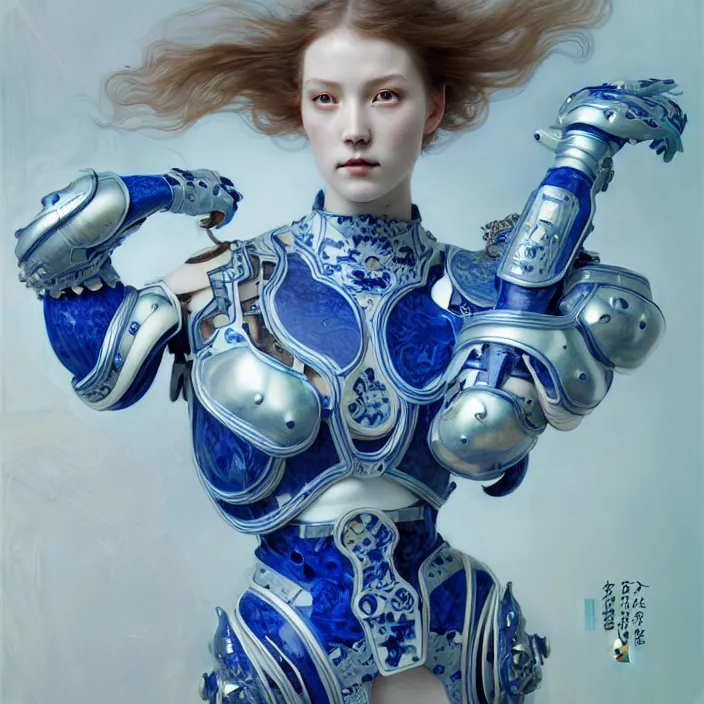 Image similar to porcelain cyborg armor, Chinese Blue and white porcelain, diffuse lighting, fantasy, intricate, elegant, highly detailed, lifelike, photorealistic, digital painting, artstation, illustration, concept art, smooth, sharp focus, art by John Collier and Albert Aublet and Krenz Cushart and Artem Demura and Alphonse Mucha