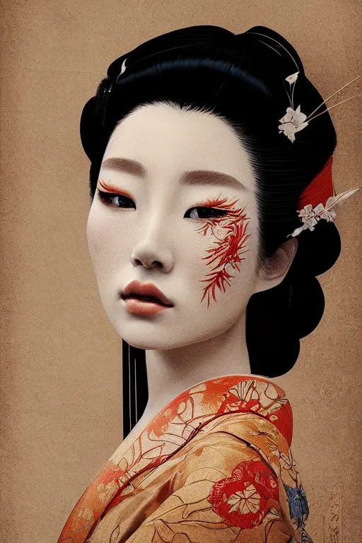 Prompt: A masterpiece portrait of a Incredibly geisha, medium shot, intricate, elegant, highly detailed, trending on artstation, digital art by Ash Thorp