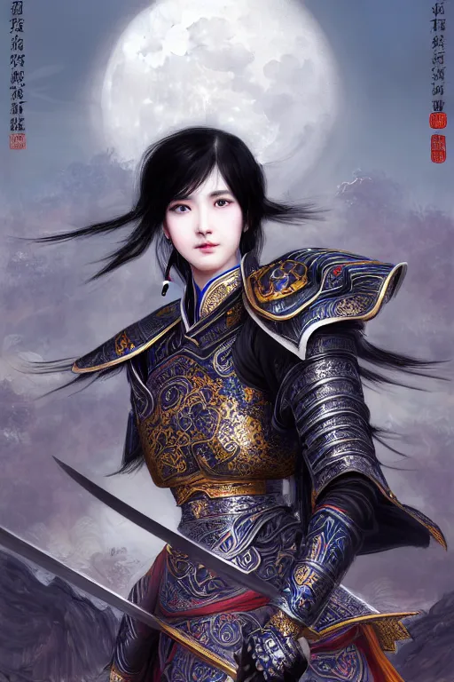 Image similar to portrait black hair young knights of Dynasty Warriors girl, matt white color armor, in ruin chinese temple rooftop moon light night, ssci-fi and fantasy, intricate and very beautiful and elegant, highly detailed, digital painting, soft light, artstation, concept art, smooth and sharp focus, illustration, art by tian zi and WLOP and alphonse mucha