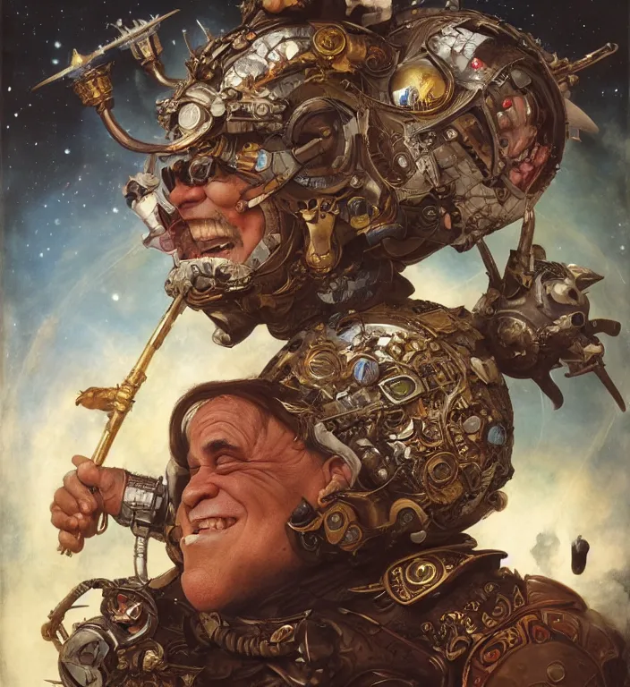 Image similar to a portrait photograph of danny devito as an intergalactic conqueror. by tom bagshaw, donato giancola, hans holbein, walton ford, gaston bussiere, peter mohrbacher and brian froud. 8 k, cgsociety