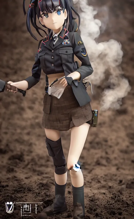 Prompt: toy, school uniform, portrait of the action figure of a girl, girls frontline style, anime figure, dirt and smoke background, flight squadron insignia, realistic military gear, 70mm lens, round elements, photo taken by professional photographer, character design by shibafu, trending on facebook, symbology, anime character anatomy, 4k resolution, matte, empty hands, realistic military carrier, forest