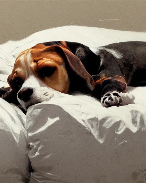 Image similar to detailed portrait of beagle lying on the bed by ismail inceoglu dragan bibin hans thoma greg rutkowski alexandros pyromallis nekro rene maritte illustrated, fine details, realistic shaded, fine - face, pretty