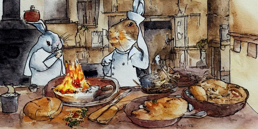 Prompt: a rabbit cooking food inside a french cozy kitchen, realistic watercolour