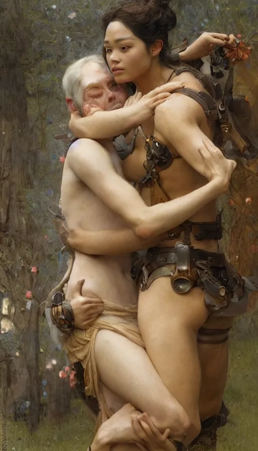 Image similar to epic masterpiece hug, sweaty skin, hyperrealistic, octane render, cinematic, beautiful face and flawless skin, perfect hands, 5 fingers, by Edgar Maxence and Ross Tran and Michael Whelan, Legends of Runeterra