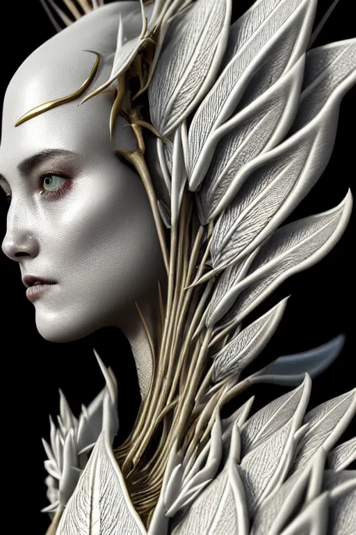 Image similar to bw close - up profile face, black background, beautiful young porcelain vegetal - dragon - cyborg - female, 1 5 0 mm, beautiful natural soft rim light, silver gold details, magnolia leaves and stems, roots, mandelbot fractal, elegant, ultra detailed, white metallic armour, octane render, h. r. giger style