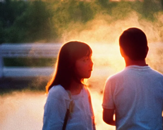 Image similar to lomo photo of pair standing on small hrushevka balcony full with cigarette smoke in small russian town looking at sunset, cinestill, bokeh