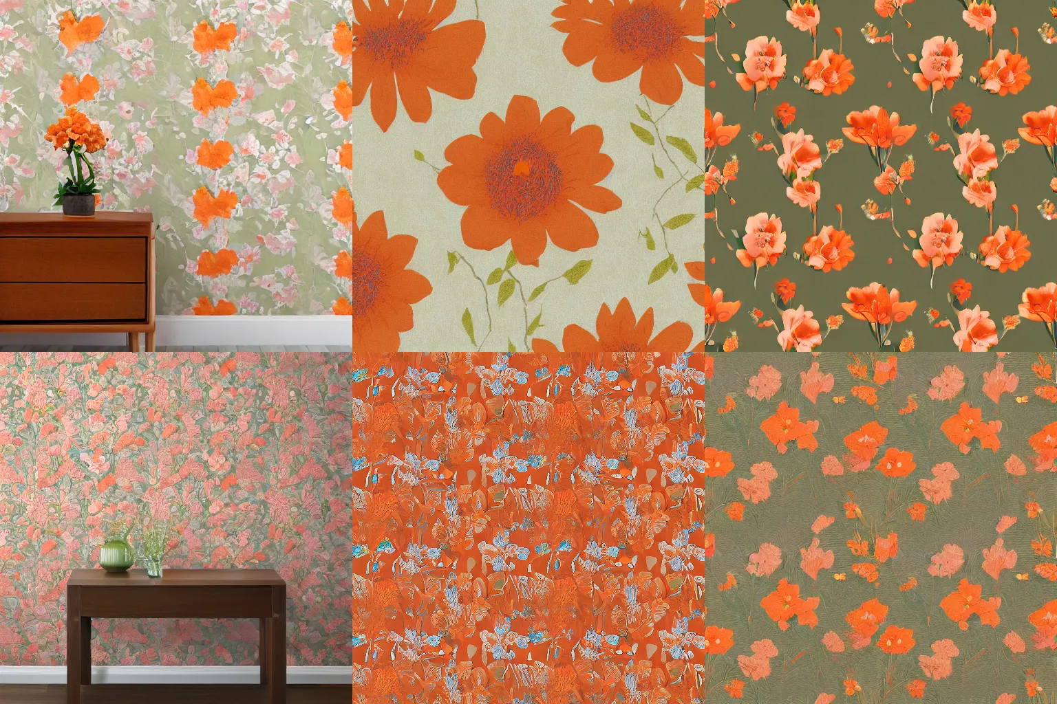 Prompt: floral wallpaper texture with small two tone grass and flowers, orange pastel colors