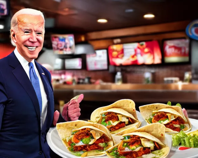 Image similar to a photo of joe biden at applebee's, asian wonton tacos, detailed face, ambient lighting, professional photography, 4 k ultra