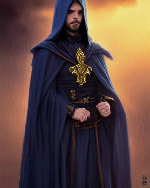 Prompt: tiny male mage at the end of time, long black hair blue eyes wearing cloth mantle gothic navy cloak with gold details, wizard town, fantasy character portrait, ultra realistic, intricate, elegant, cinematic lighting, highly detailed, digital painting, artstation, smooth, sharp, focus, illustration, art by artgerm and greg rutkowski and alphonse mucha