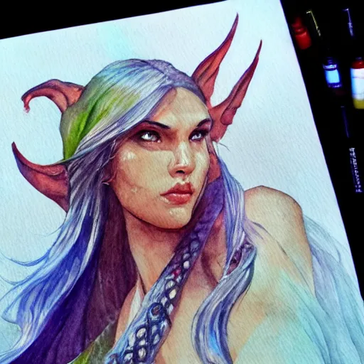 Image similar to water color art on paper, fire elf portrait, highly detailed, award - winning artstation, masterpiece