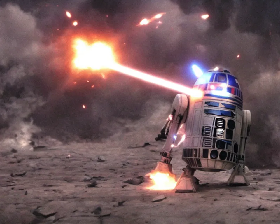 Prompt: footage of R2D2 exploding