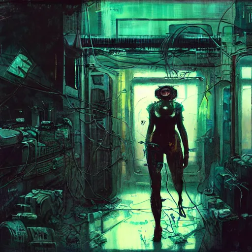 Prompt: a redead female cyberpunk, electrical wiring and broken machines, film grain, light leaks, stains, by jeremy mann, beksinski and craig mullins and tsutomu nihei