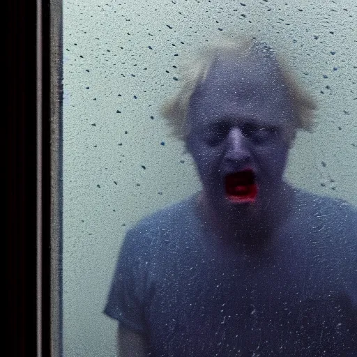 Image similar to photo of dark blue rainy bedroom window at night, dimly lit creepy | screaming face of boris johnson staring in through the window, bloody hands, horror, scary face, demonic face,