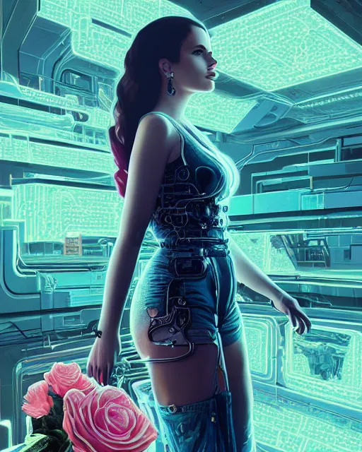 Image similar to portrait of lana del rey as a cyberpunk cyborg. roses, sci - fi, missing panels, intricate abstract, upper body, intricate artwork, by tooth wu, wlop, beeple, dan mumford. concept art, 8 k octane render, deviantart, greg rutkowski, cinematic, key art, hyperrealism, iridescent accents