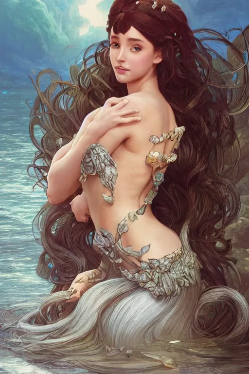 Image similar to beautiful cottagecore Ariana Grande, mermaid kingdom, beautiful Hair, magical beach, intricate, elegant, highly detailed, digital painting, artstation, concept art, smooth, sharp, focus, illustration, art by artgerm and greg rutkowski and alphonse mucha