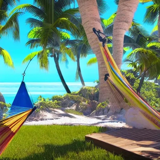 Image similar to laguna. clear blue water. sun shine. colourful birds. paradise. beach. palm trees. a hammock by h. p. lovecraft, abaddon and magali villeneuve, ghibli moebius, 8 k, epic scene, scifi, unreal engine, trending on cg station. masterpiece.