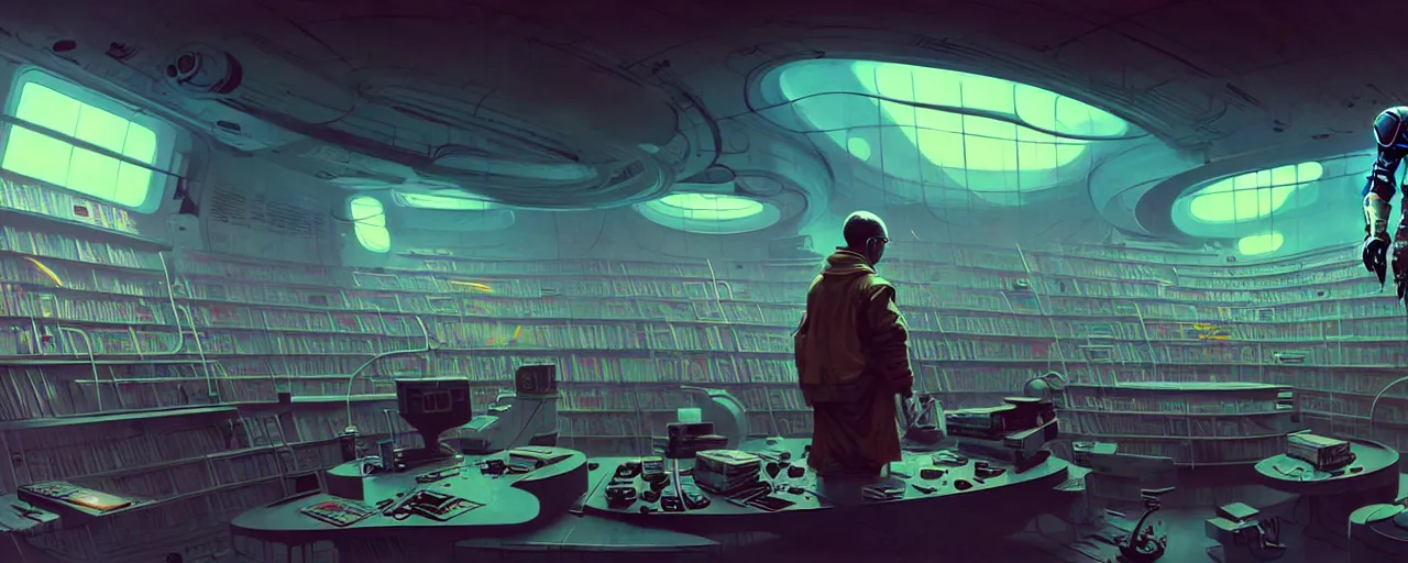 Prompt: duotone concept illustration 3 / 4 portrait of science fiction author stanislaw lem as atompunk retrofuturistic cyborg in techno library. cinematic volumentric lighting. accidental renaissance. by sachin teng and sergey kolesov and ruan jia and heng z. graffiti art, scifi, fantasy, hyper detailed. octane render. concept art. trending on artstation