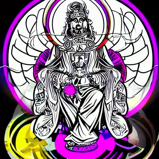 Image similar to svg vector sticker of absolutely divine-deity-angel, rocking out, wearing headphones, huge speakers, dancing, rave, DJ, spinning records, digital art, amazing composition, rule-of-thirds, award-winning, trending on artstation, featured on deviantart, uncropped, white-space, far-back, complete-subject