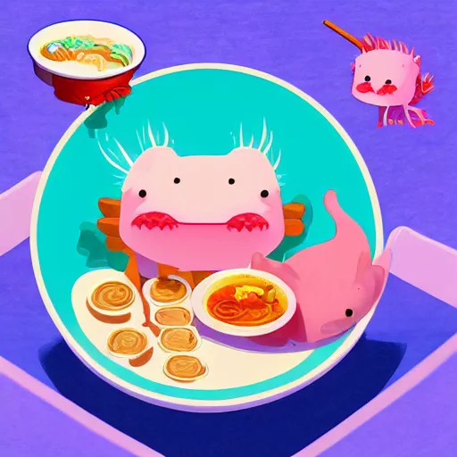 Prompt: cute cartoon axolotl eating ramen, colorful, artstation hd