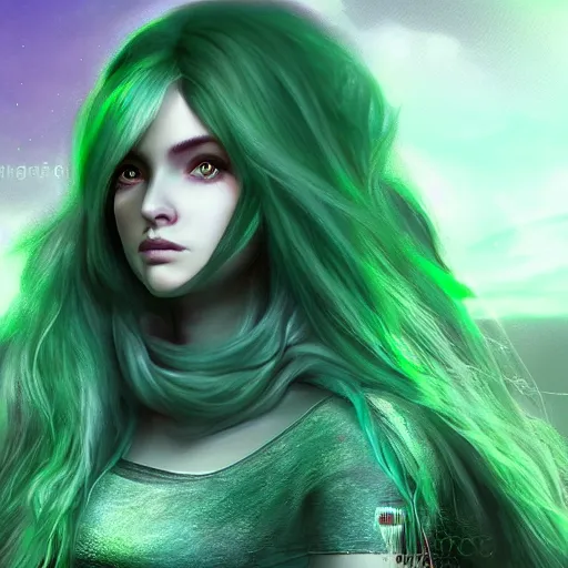 Image similar to portait elissar zakaria khoury, centred, sadness look, long purple hair, hd, unreal engine, final fantasy style amazing green background theme