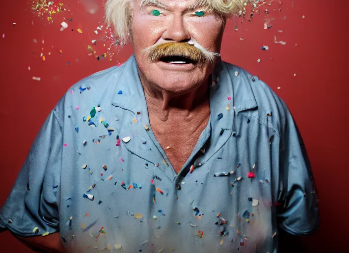 Image similar to photo still of rip taylor in a jail cell!!!!!!!! at age 6 3 years old 6 3 years of age!!!!!!! throwing confetti from a bucket, 8 k, 8 5 mm f 1. 8, studio lighting, rim light, right side key light