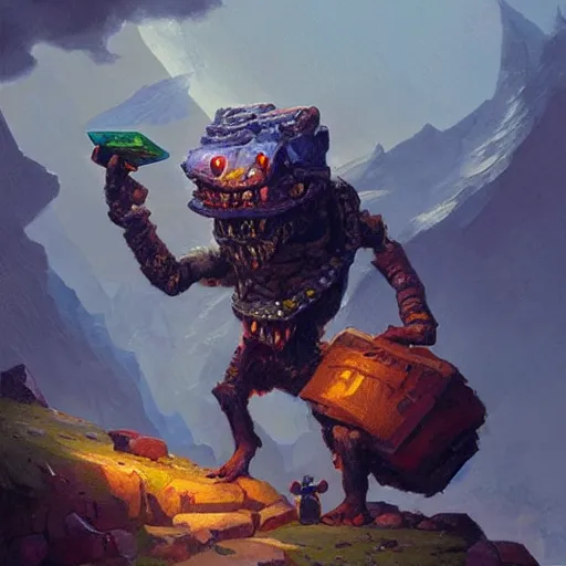 Prompt: Backpack mimic eating gemstones on a treasure pile, oil painting by Greg Rutkowski