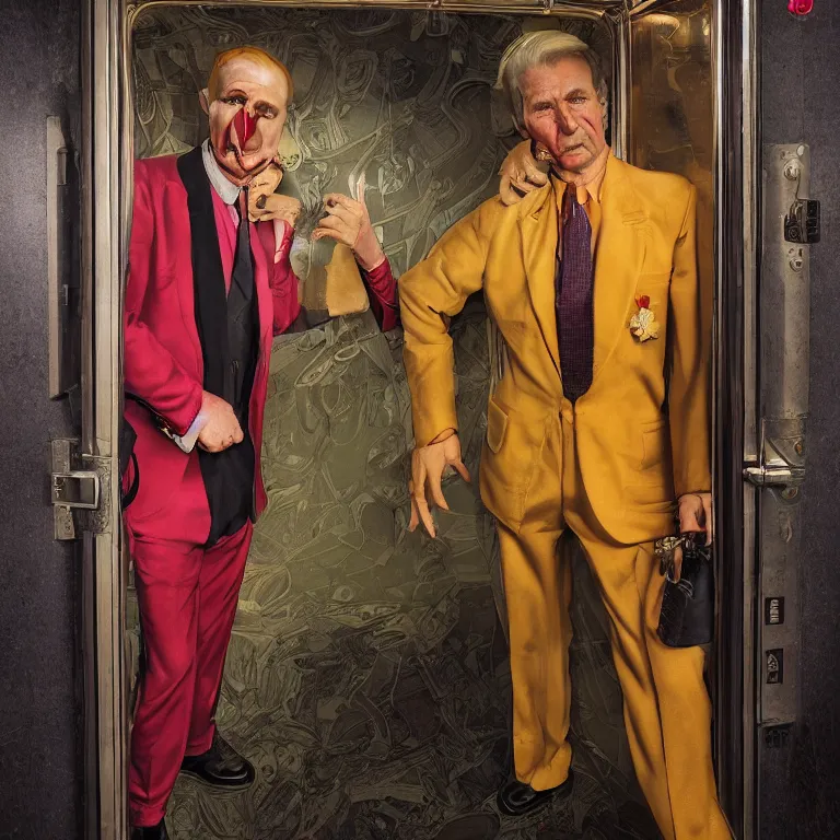 Image similar to professional octane render portrait by wayne barlow and carlo crivelli and glenn fabry, a sinister man in a bright colorful saturated wes anderson elevator operator costume inside a dark and moody vintage elevator in a high - end exotic vintage boutique hotel, very short depth of field, very sharp, high clarity