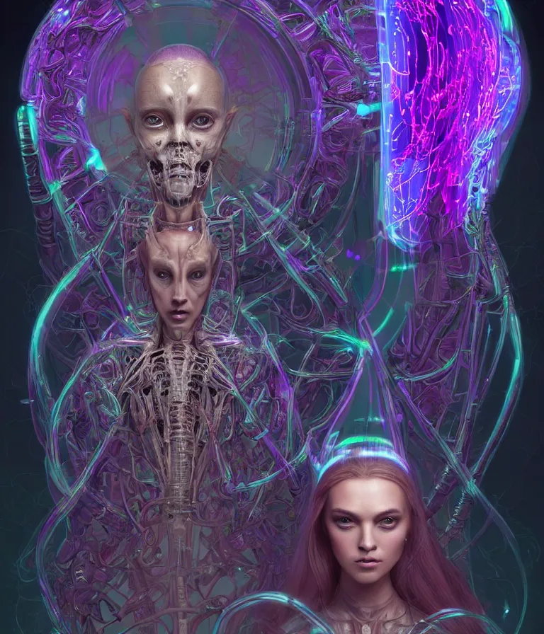 Image similar to fully symmetrical centered iridescent portrait of a beautiful princess in robe. artificial muscles, ribcage, bones, hard surface modelling. cyberpunk look. biomechanical mask. bio luminescent biomechanical halo around head. neon jellyfish. artwork by jarold Sng by artgerm, by Eddie Mendoza, by Peter mohrbacher by tooth wu, unreal engine, octane render, cinematic light, high details, iridescent colors, dichroic, macro, depth of field, blur