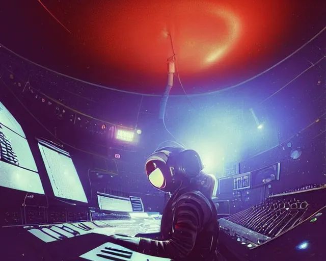 Image similar to an astronaut in a recording studio, looking at a glowing computer screen, using roland tr - 8 0 8 with his left hand and a roland tb - 3 0 3 with his right hand, there is not gravity in the recording studio and everything is floating, illustrated by greg rutkowski, [ digital art, synthwave art style ]!!