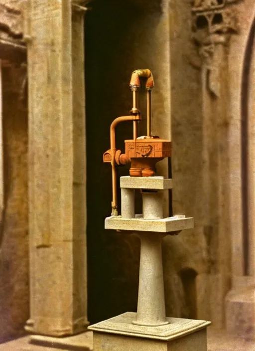 Image similar to ultra very realistic photo of a a medieval temple chemistry appliance pump, made of wood white clay 1 9 9 0, life magazine photo, natural colors, museum collection, kodak